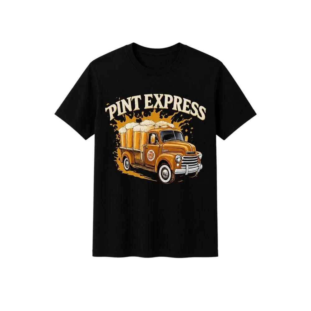 Camiseta preta com a estampa Pint Express e um caminhão laranja