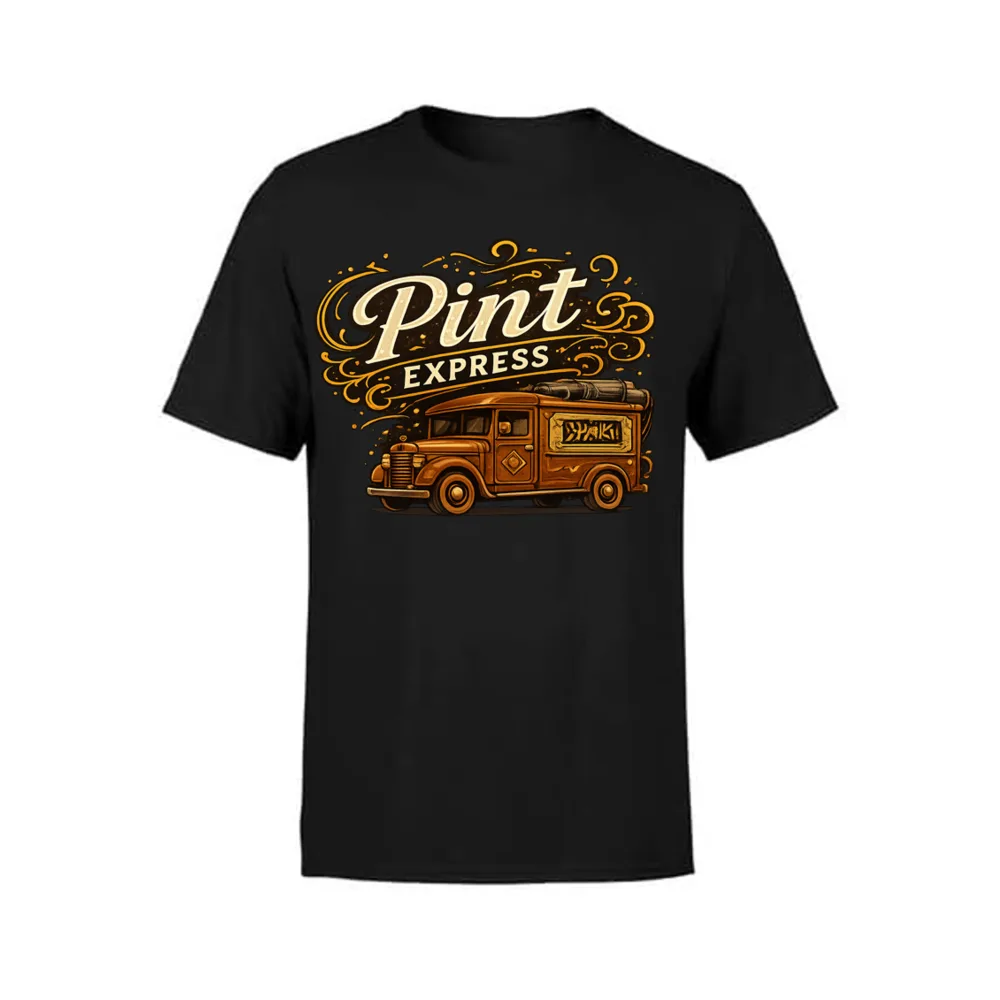 Camiseta preta com a estampa Pint Express em letreiro e um caminhão