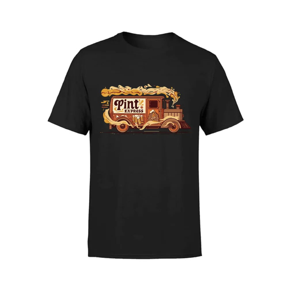 Camiseta preta com a estampa Pint Express e um caminhão antigo