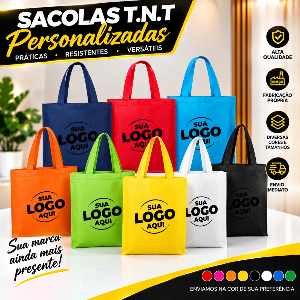Arte das sacolas de TNT personalizadas em várias cores, com "Seu logo aqui"