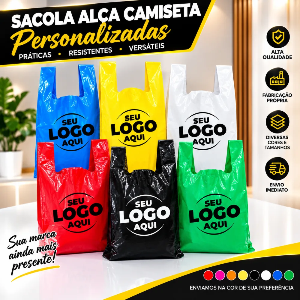Arte das sacolas alça camiseta personalizadas em várias cores, com "Seu logo aqui"