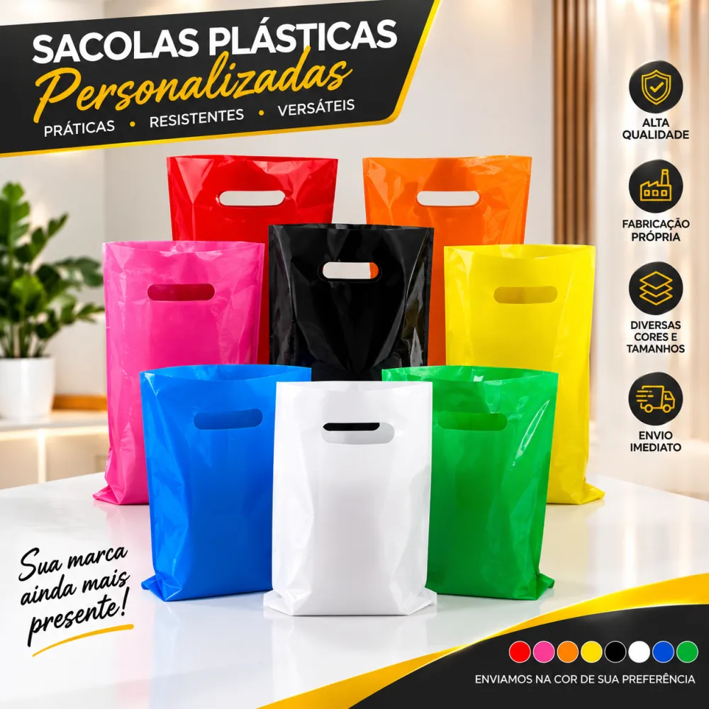 Arte das sacolas plásticas boca vazada personalizadas em várias cores